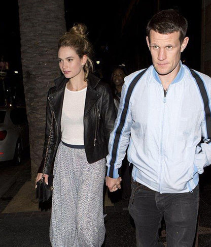 Lily James Black Leather Jacket