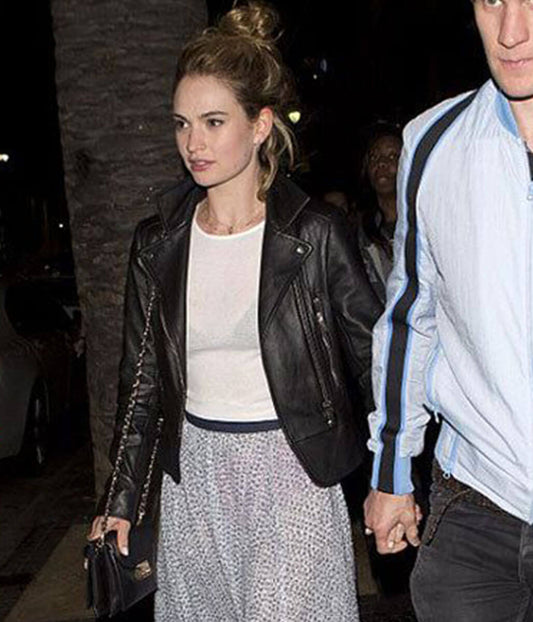 Lily James Black Leather Jacket