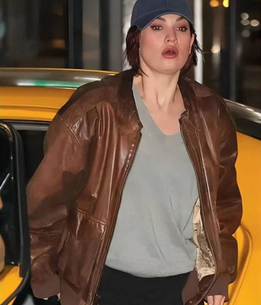 Lily James Brown Leather Jacket