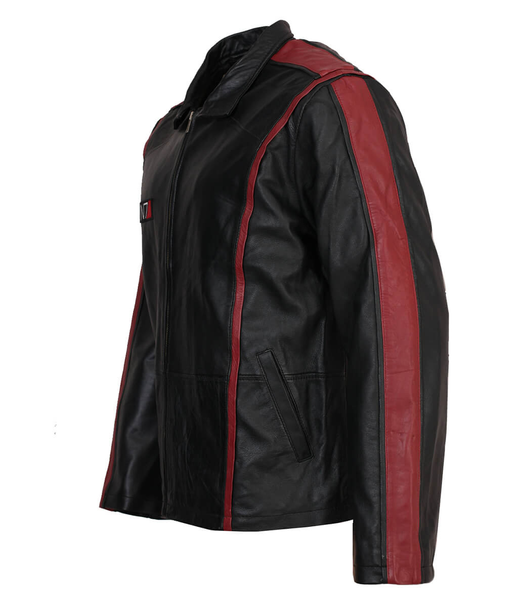 Mass Effect N7 Armor Red Striped Black Leather Jacket