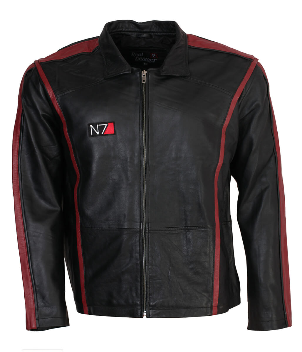 Mass Effect N7 Armor Red Striped Black Leather Jacket
