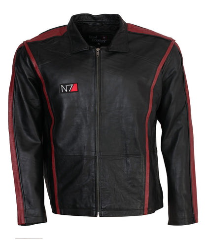 Mass Effect N7 Armor Red Striped Black Leather Jacket