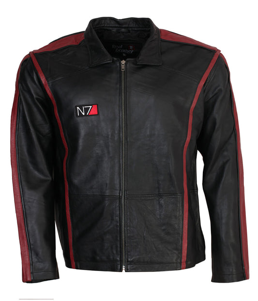 Mass Effect N7 Armor Red Striped Black Leather Jacket