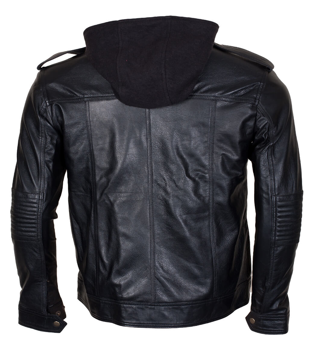 Men AJ Styles Removable Hooded Black Leather Jacket