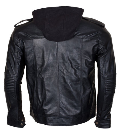 Men AJ Styles Removable Hooded Black Leather Jacket