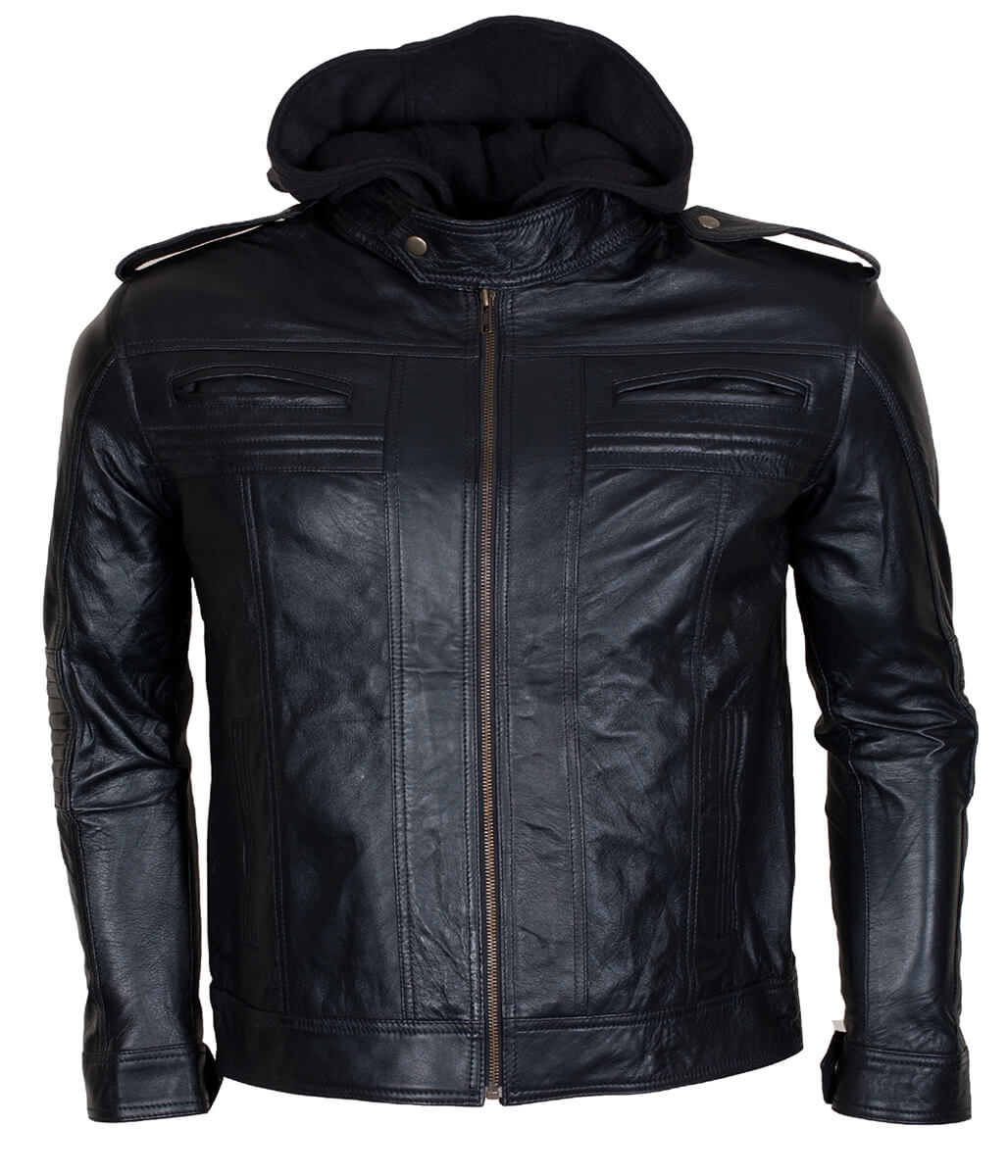 Men AJ Styles Removable Hooded Black Leather Jacket