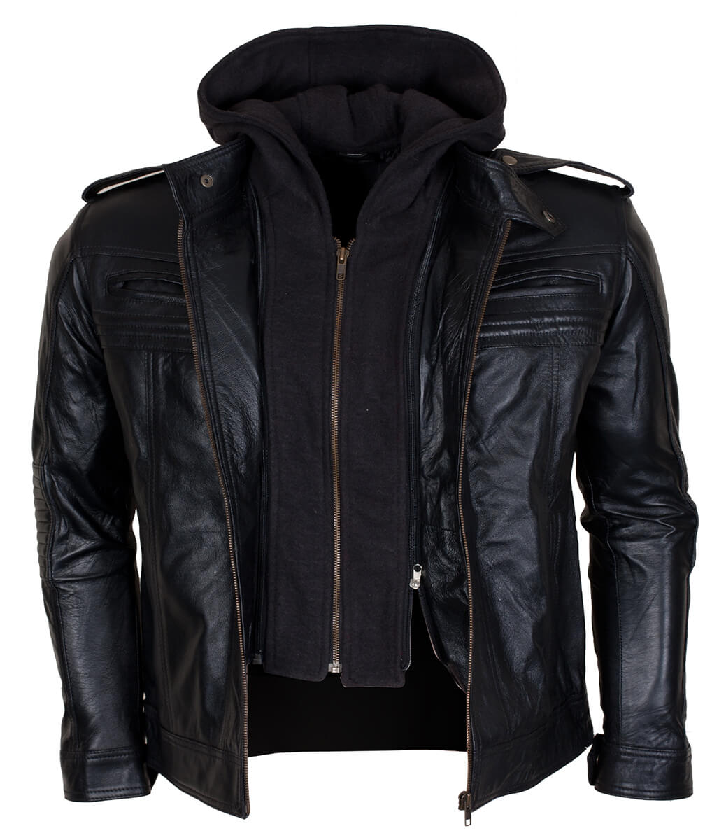 Men AJ Styles Removable Hooded Black Leather Jacket