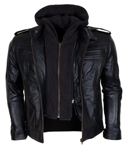 Men AJ Styles Removable Hooded Black Leather Jacket