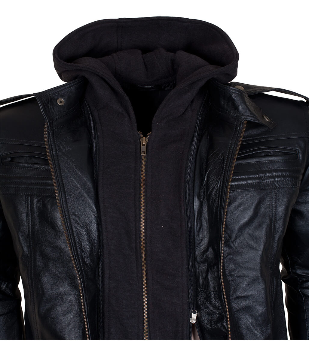 Men AJ Styles Removable Hooded Black Leather Jacket