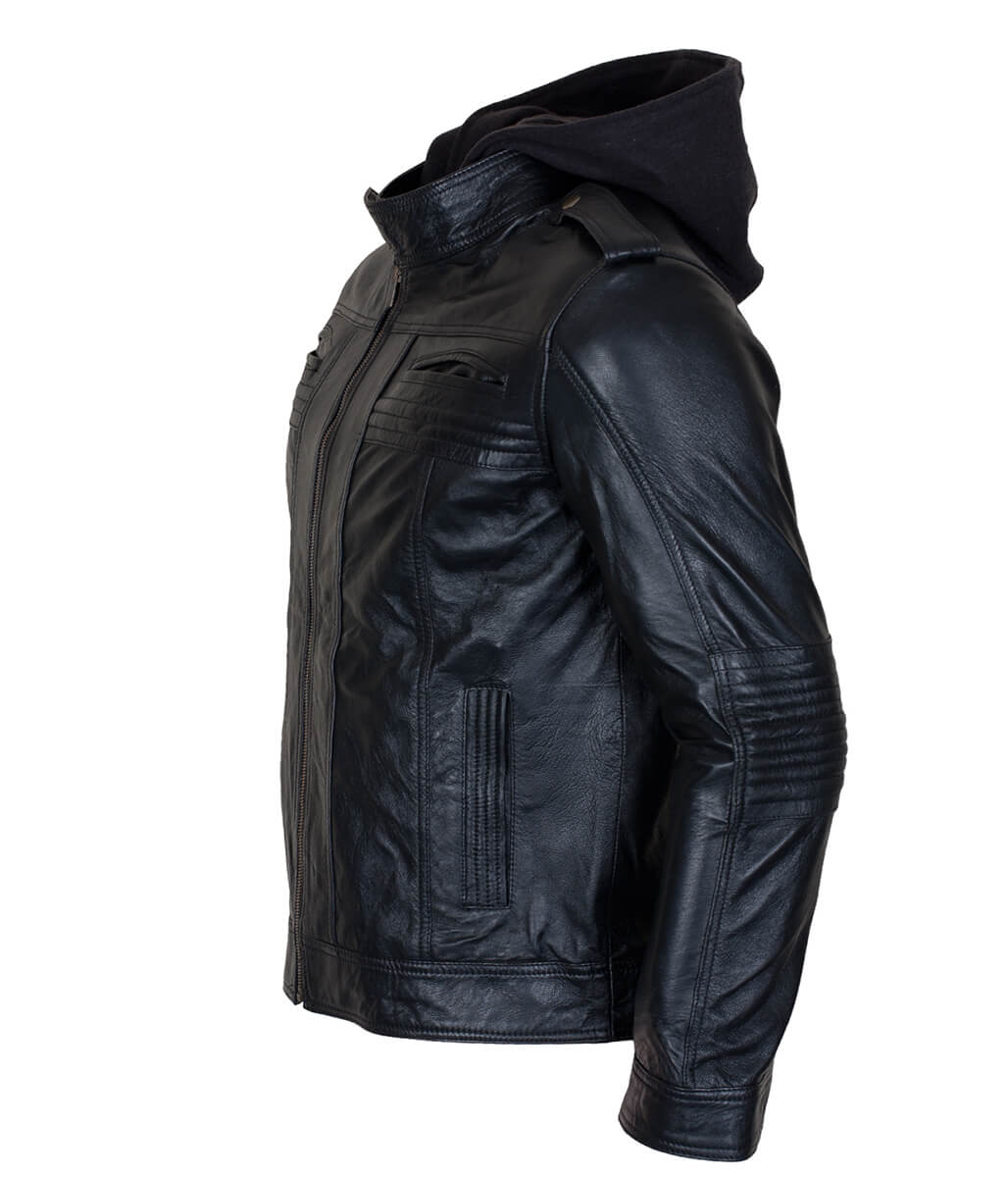 Men AJ Styles Removable Hooded Black Leather Jacket