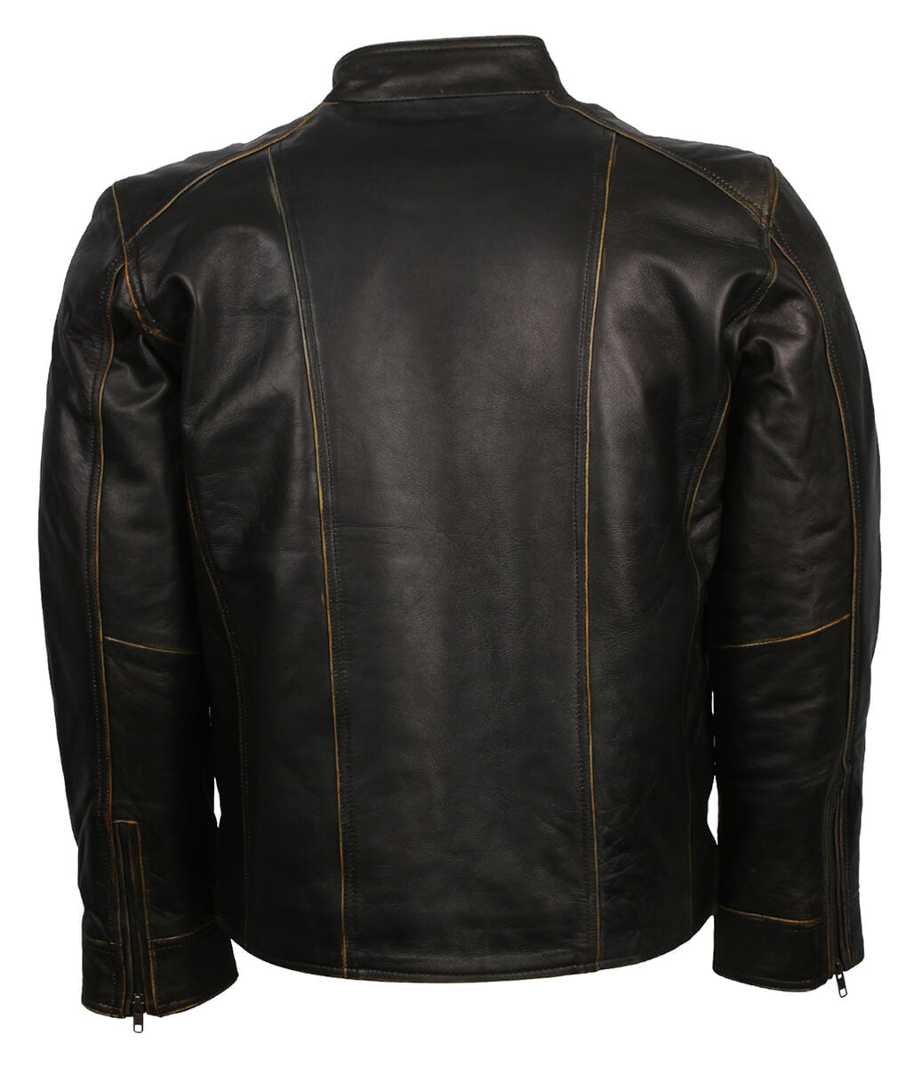 Men Antique Edge Tan Striped Black Leather Jacket
