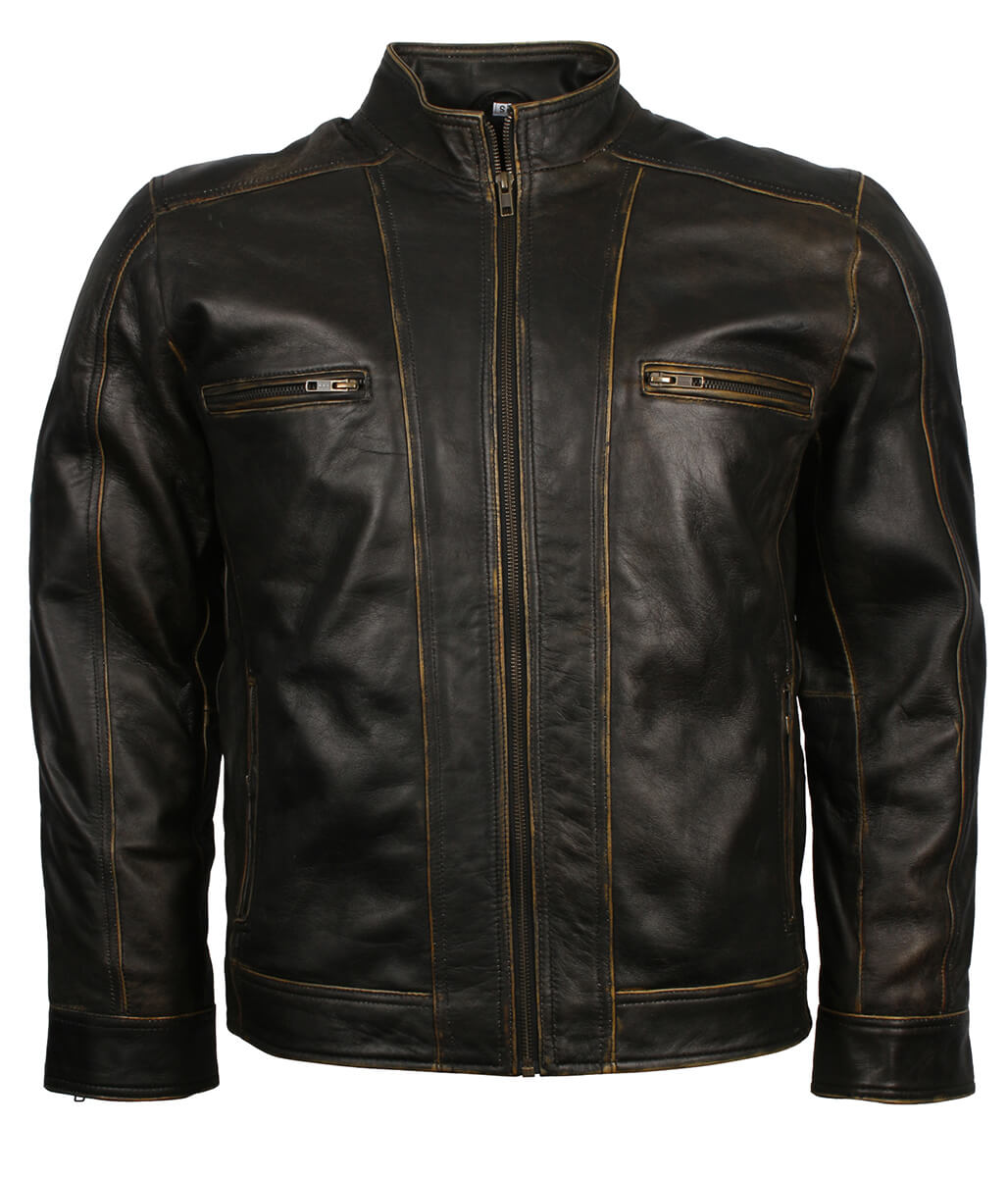 Men Antique Edge Tan Striped Black Leather Jacket