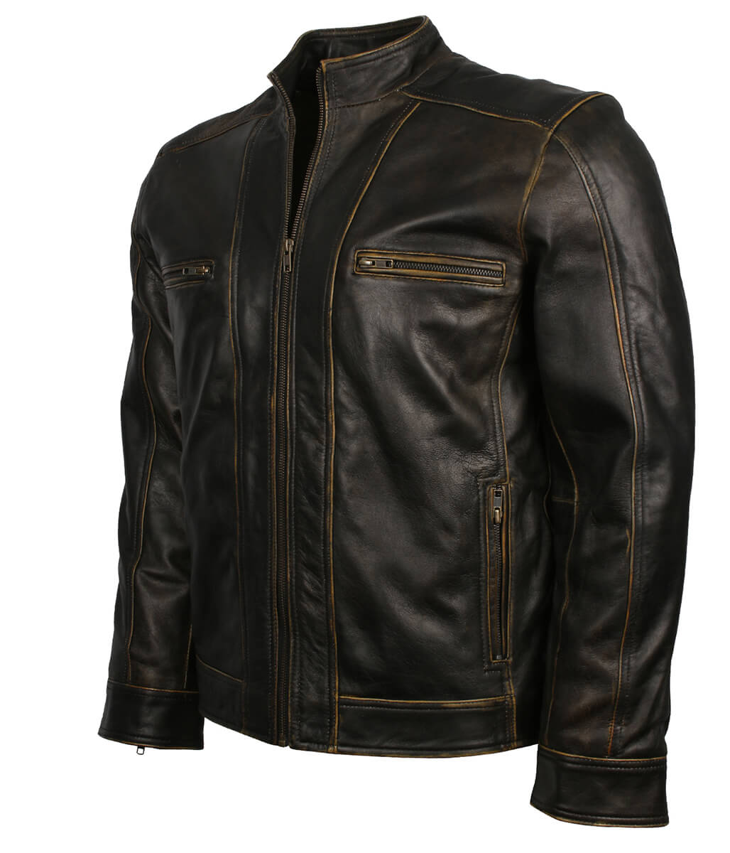 Men Antique Edge Tan Striped Black Leather Jacket