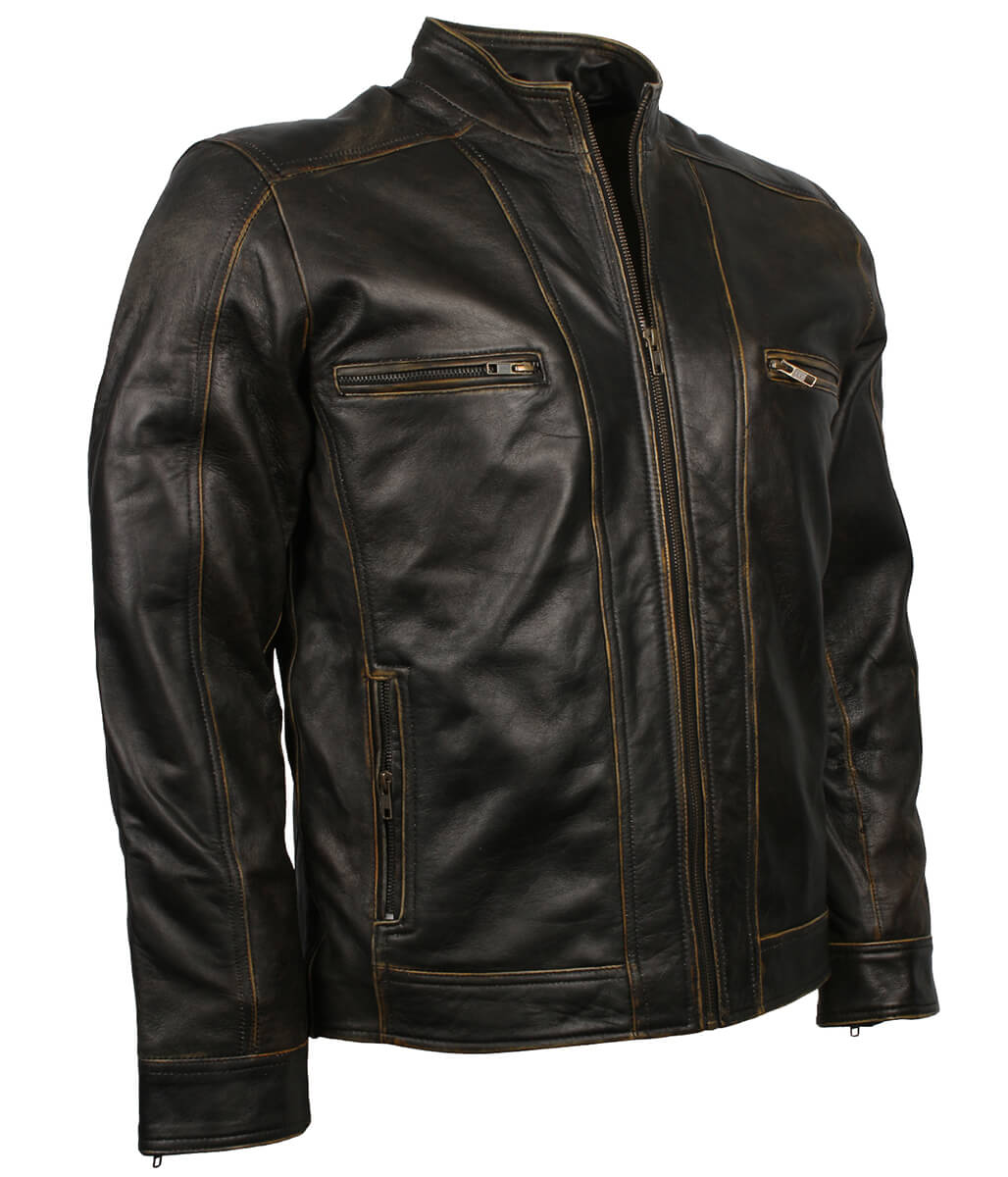Men Antique Edge Tan Striped Black Leather Jacket
