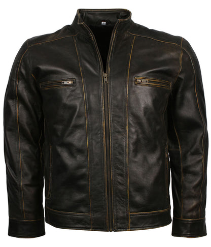 Men Antique Edge Tan Striped Black Leather Jacket