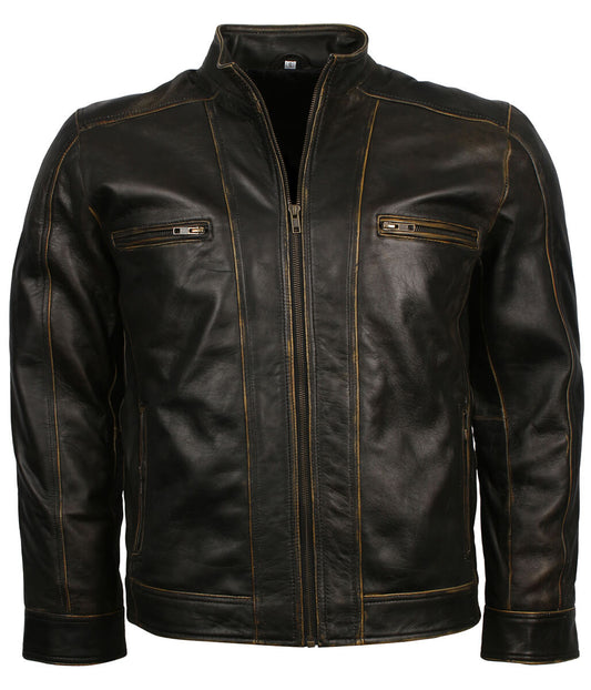 Men Antique Edge Tan Striped Black Leather Jacket