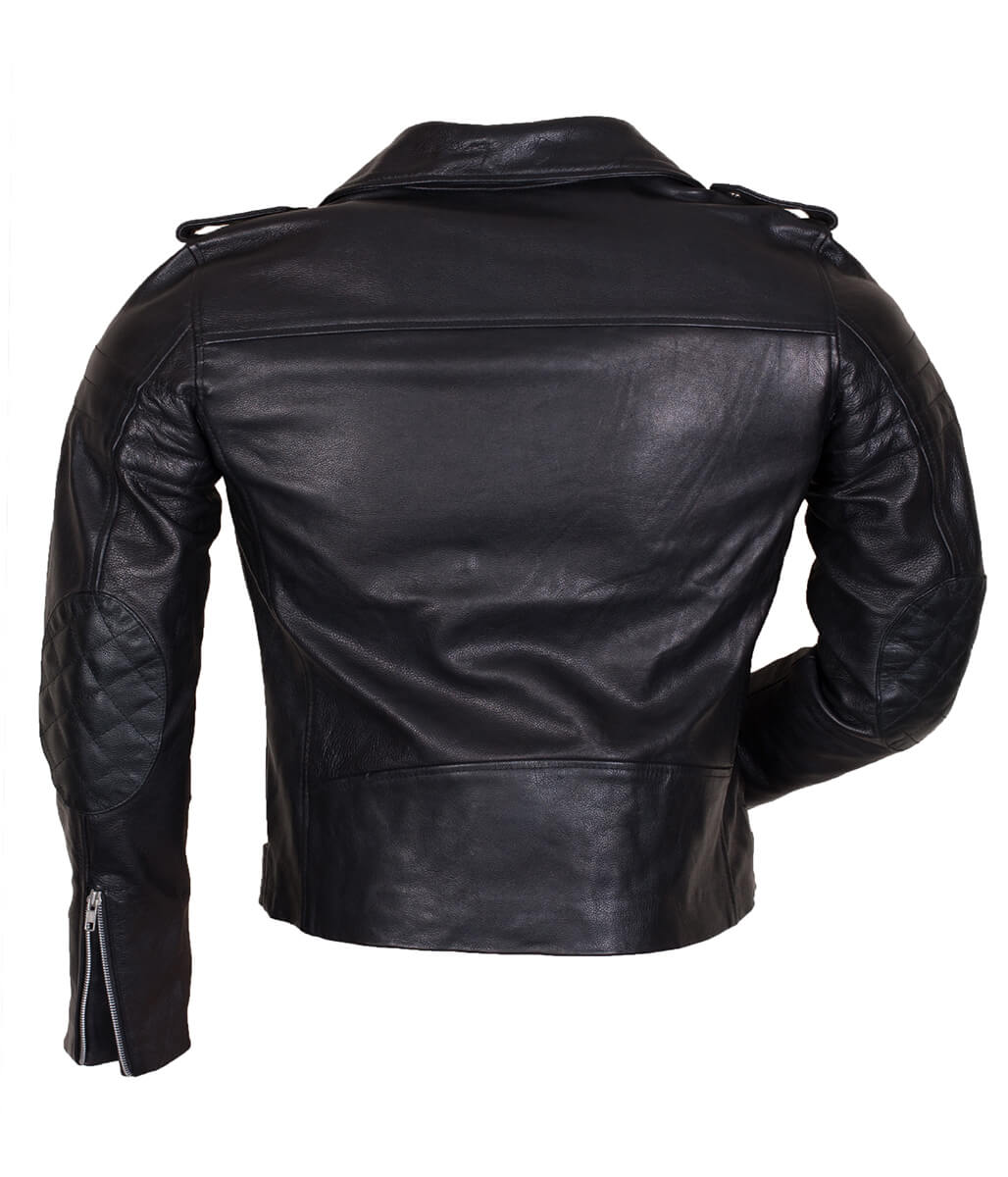Men Asymmetric Belted Quilted Elbow Black Leather Jacket