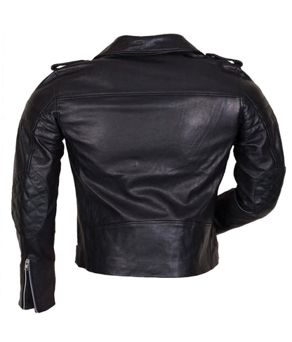 Men Asymmetric Belted Quilted Elbow Black Leather Jacket