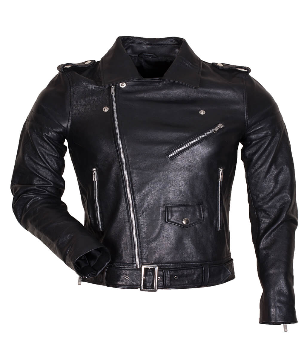 Men Asymmetric Belted Quilted Elbow Black Leather Jacket