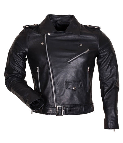 Men Asymmetric Belted Quilted Elbow Black Leather Jacket