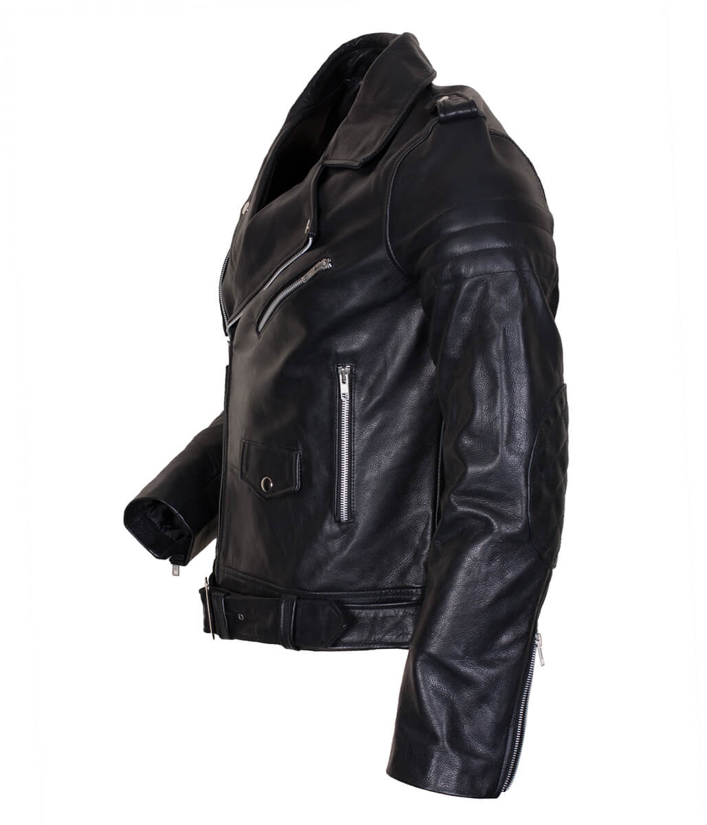 Men Asymmetric Belted Quilted Elbow Black Leather Jacket