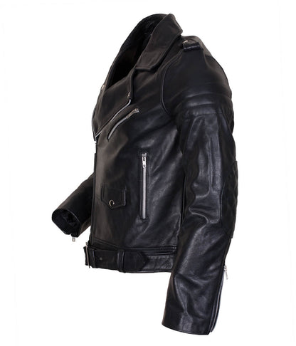 Men Asymmetric Belted Quilted Elbow Black Leather Jacket