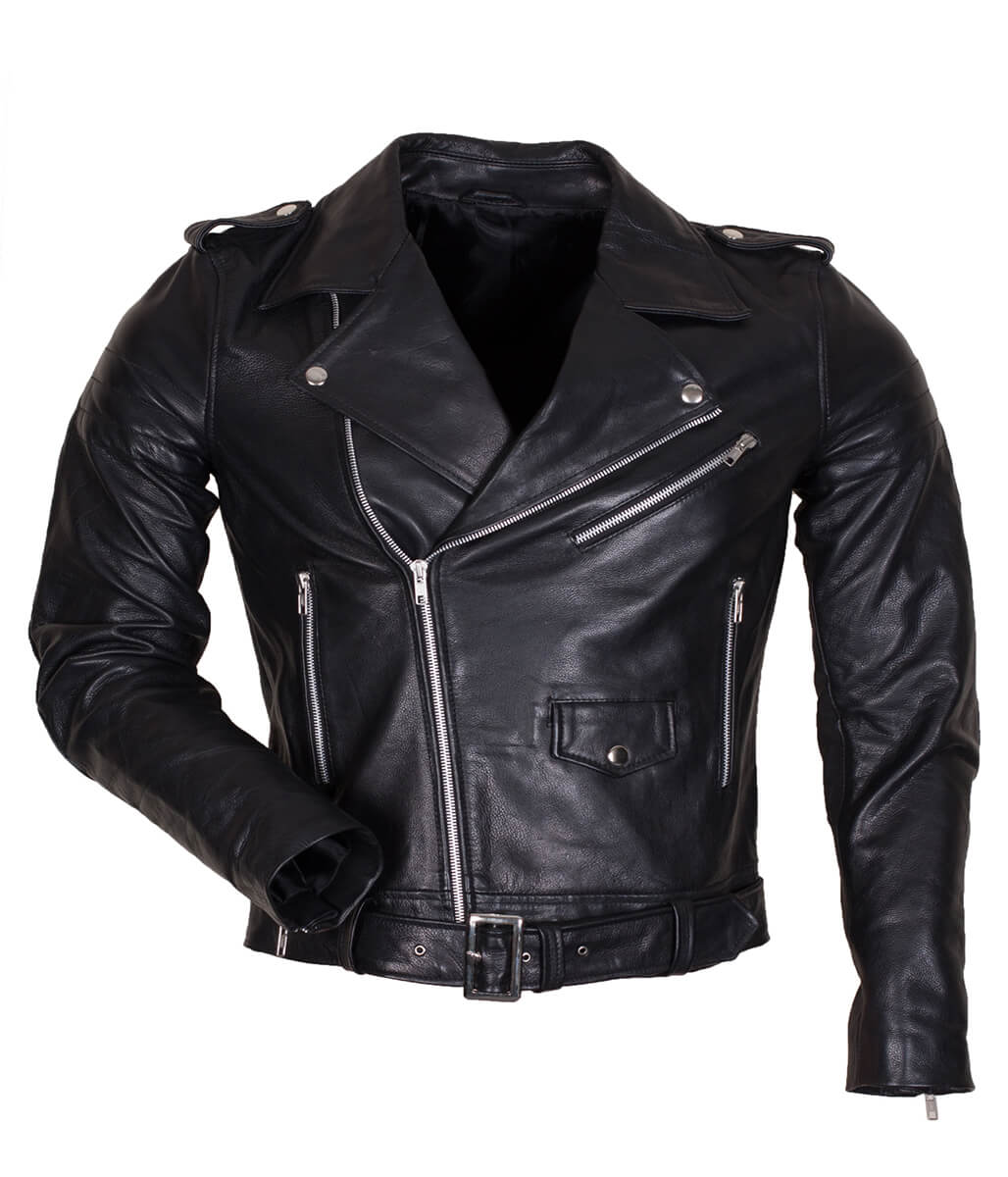 Men Asymmetric Belted Quilted Elbow Black Leather Jacket