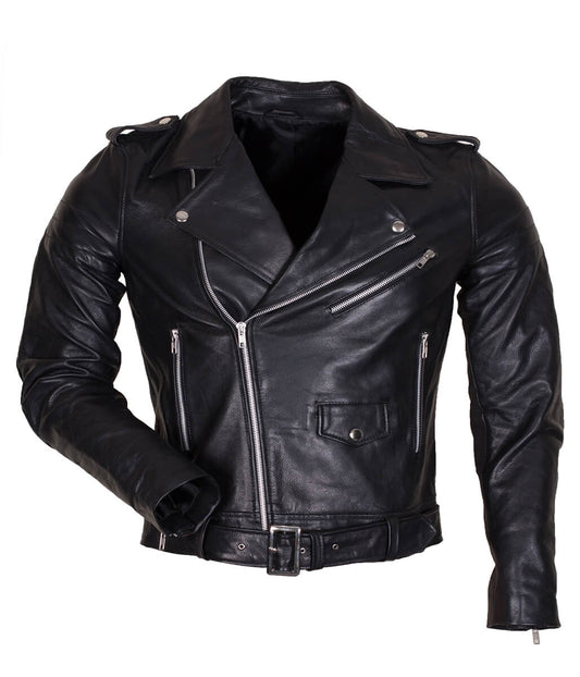 Men Asymmetric Belted Quilted Elbow Black Leather Jacket