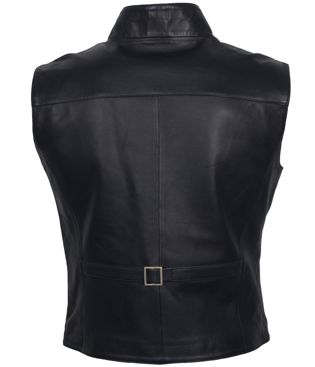 Men Asymmetric Metal Buckled Navy Leather Vest