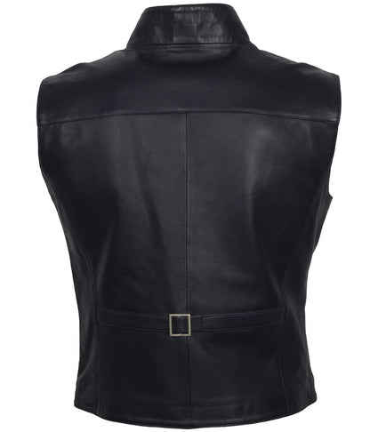 Men Asymmetric Metal Buckled Navy Leather Vest