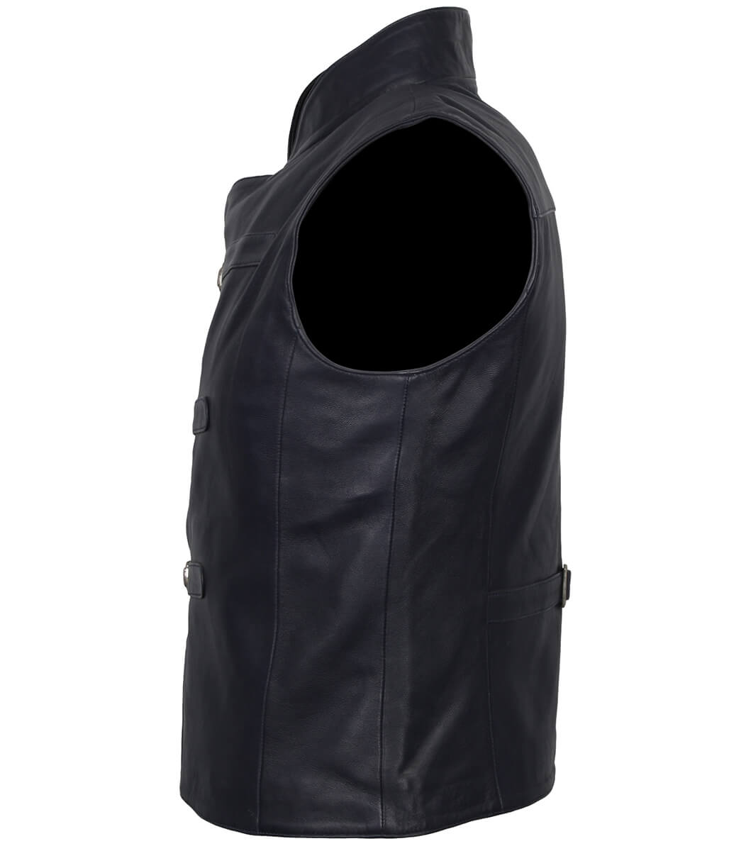 Men Asymmetric Metal Buckled Navy Leather Vest
