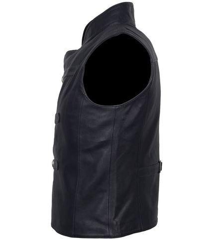 Men Asymmetric Metal Buckled Navy Leather Vest