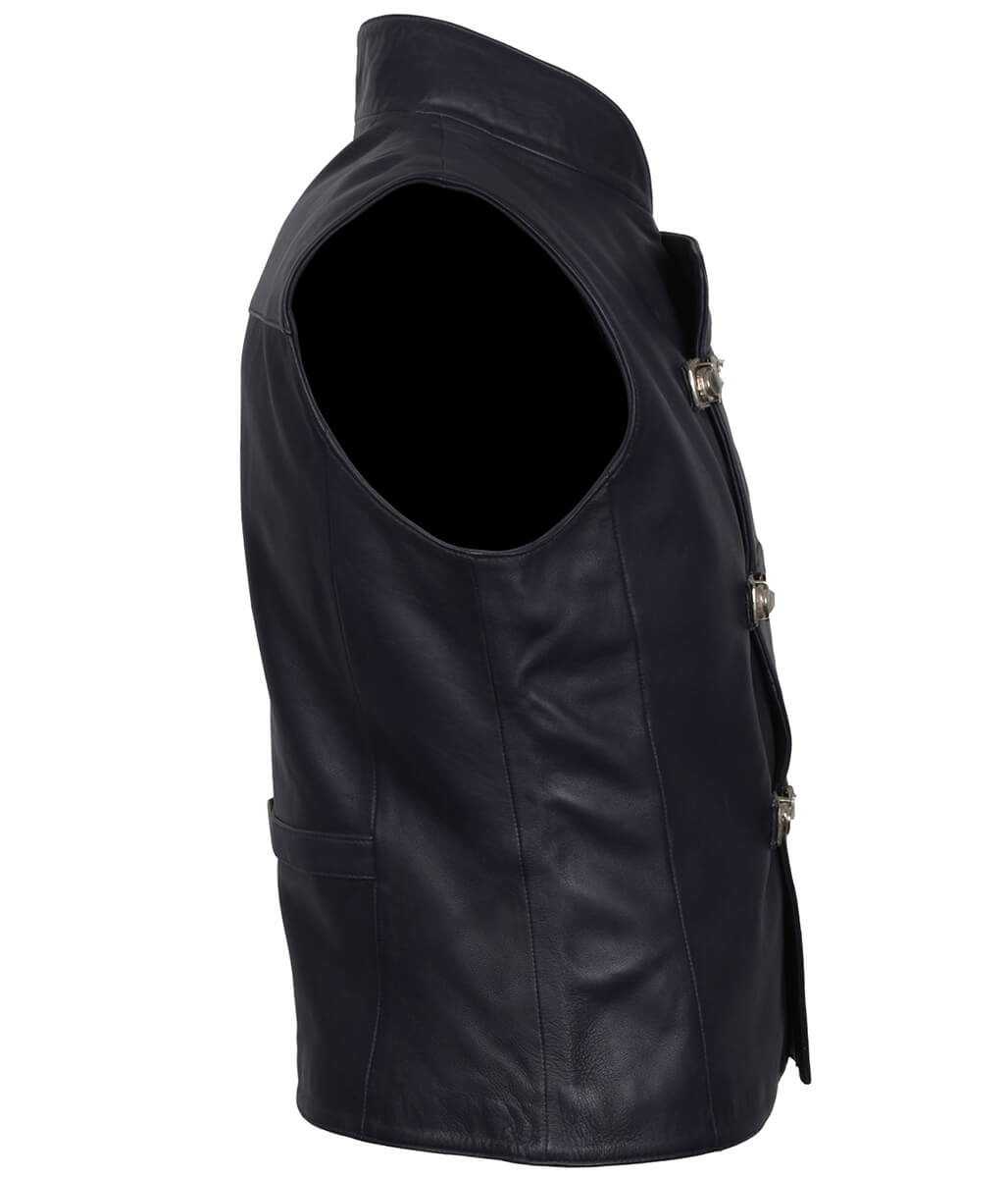 Men Asymmetric Metal Buckled Navy Leather Vest