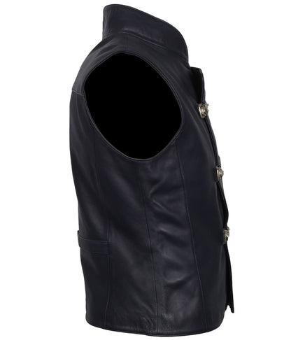 Men Asymmetric Metal Buckled Navy Leather Vest