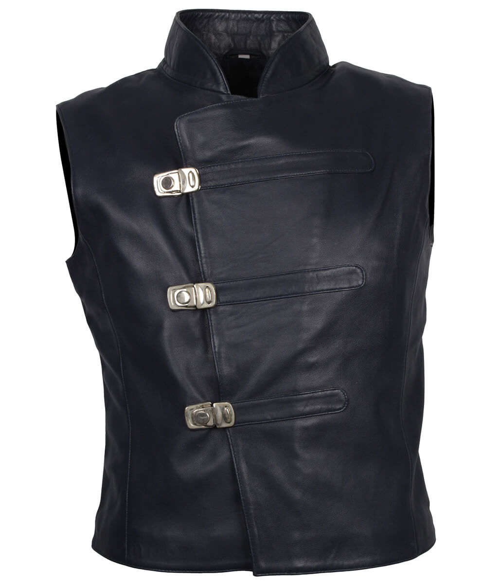 Men Asymmetric Metal Buckled Navy Leather Vest