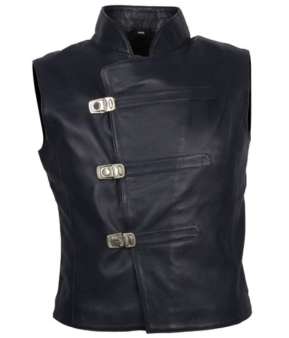 Men Asymmetric Metal Buckled Navy Leather Vest