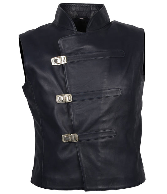 Men Asymmetric Metal Buckled Navy Leather Vest