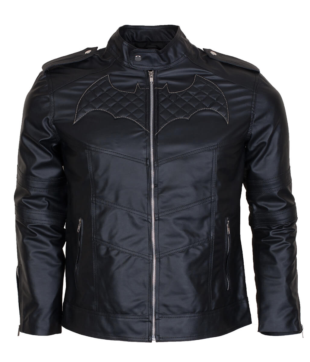 Men Batman Logo Quilted Real Jet Black Leather Jacket