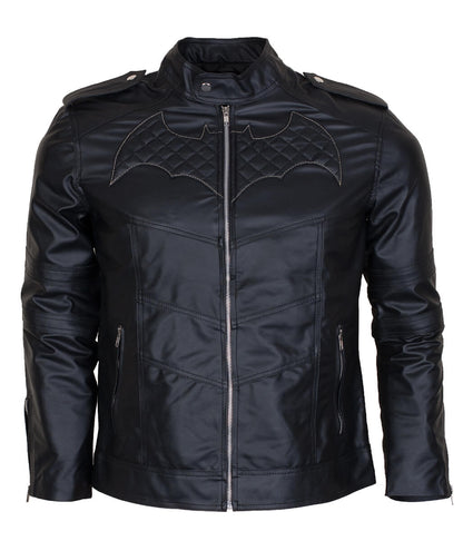 Men Batman Logo Quilted Real Jet Black Leather Jacket