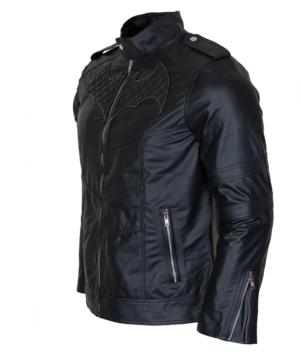 Men Batman Logo Quilted Real Jet Black Leather Jacket