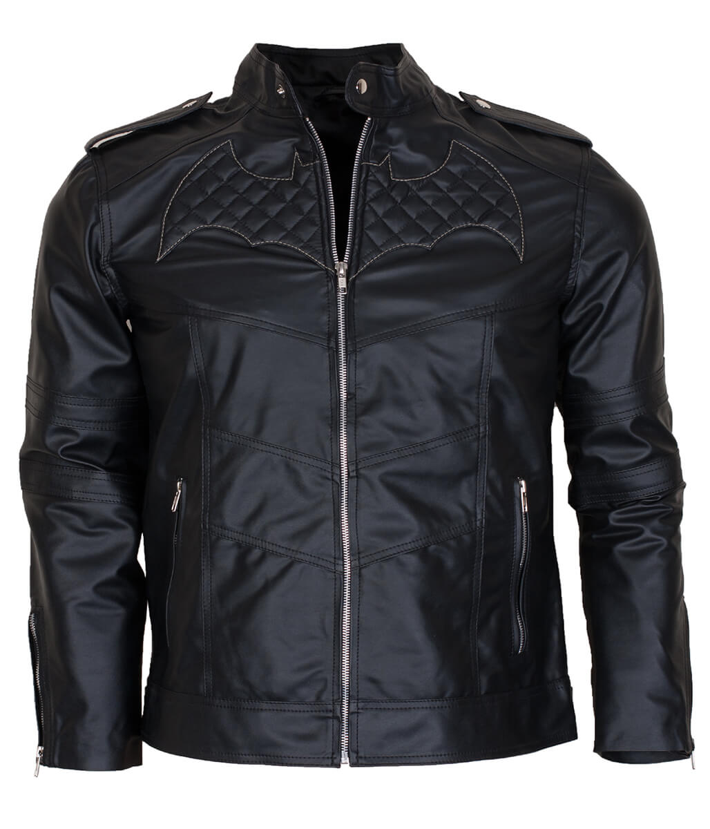 Men Batman Logo Quilted Real Jet Black Leather Jacket