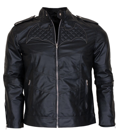 Men Batman Logo Quilted Real Jet Black Leather Jacket