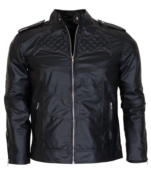 Men Batman Logo Quilted Real Jet Black Leather Jacket