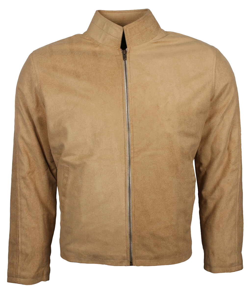 Men Beige Suede Stand Collar Jacket