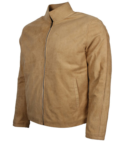 Men Beige Suede Stand Collar Jacket