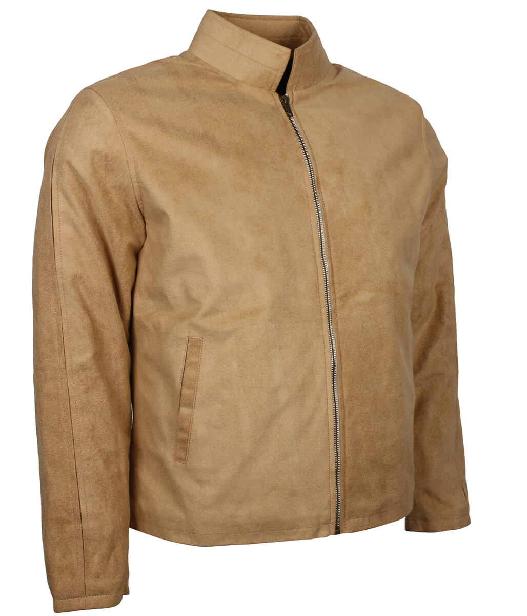 Men Beige Suede Stand Collar Jacket