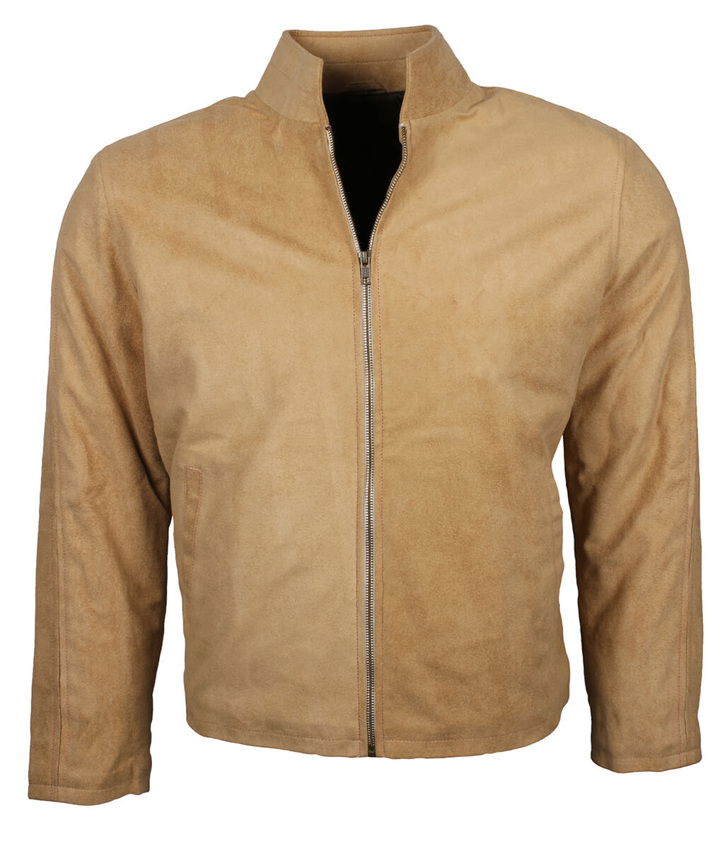Men Beige Suede Stand Collar Jacket