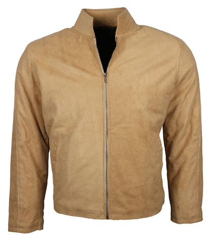 Men Beige Suede Stand Collar Jacket