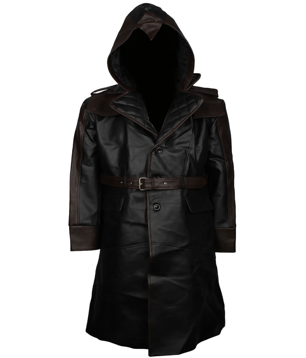 Men Black and Brown Hooded Quilted Leather Trench Coat 