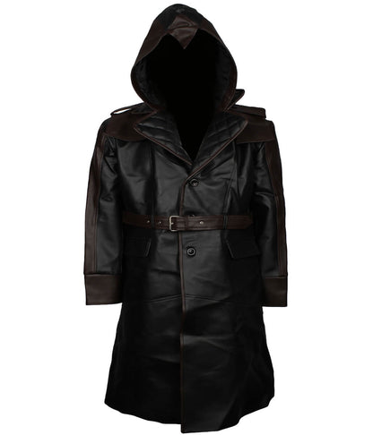 Men Black and Brown Hooded Quilted Leather Trench Coat 